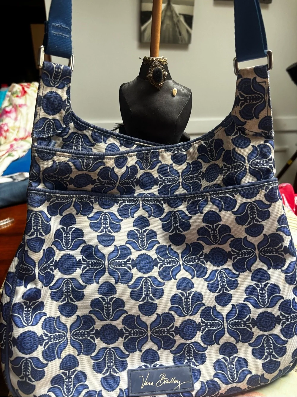 Vera Bradley Cobalt Tile Blue & White Handbag Shoulder Bag Adjustable Strap EUC